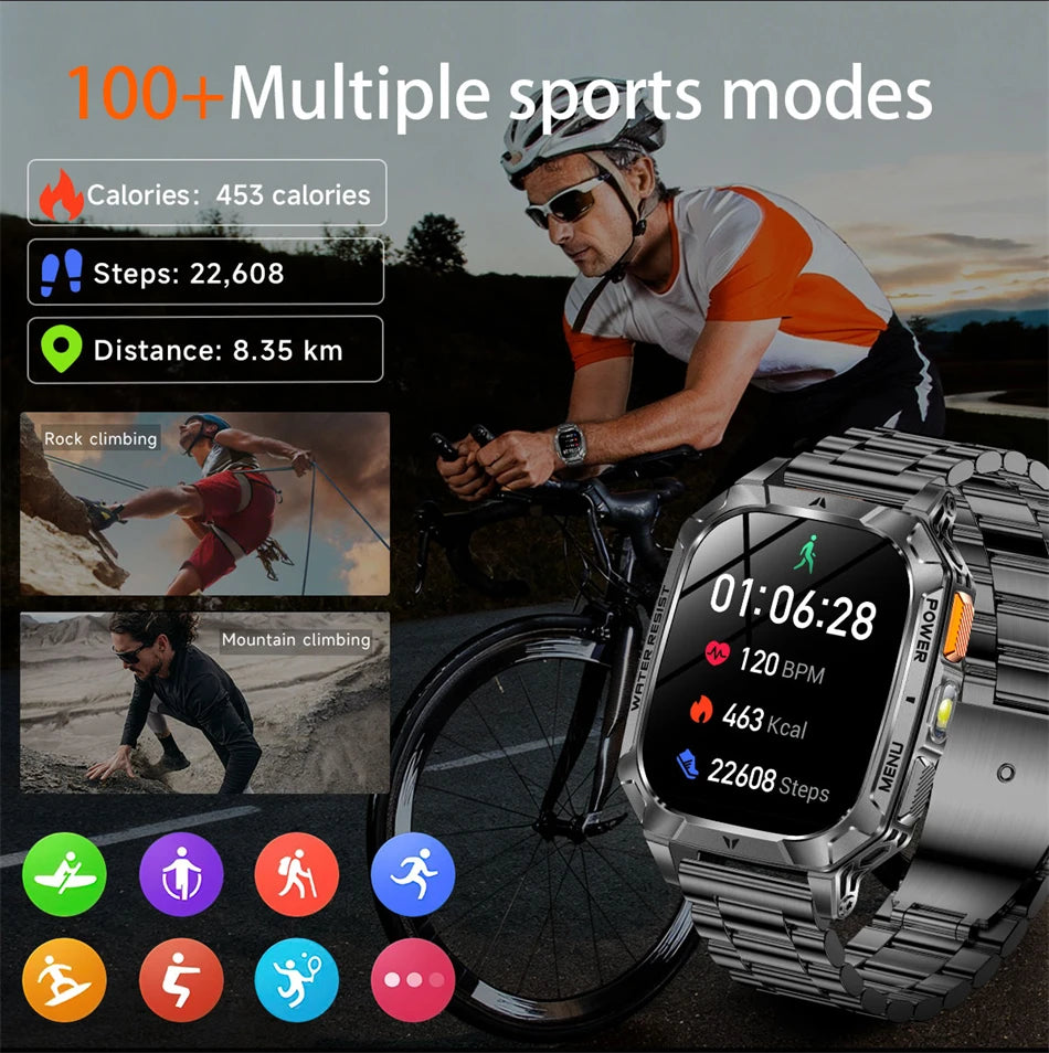 2026 New Hot flashlight Men Smartwatch Compass 1400 mAh BT call GPS fitness IP68 Waterproof Fashion Smartwatch For holiday Gifts
