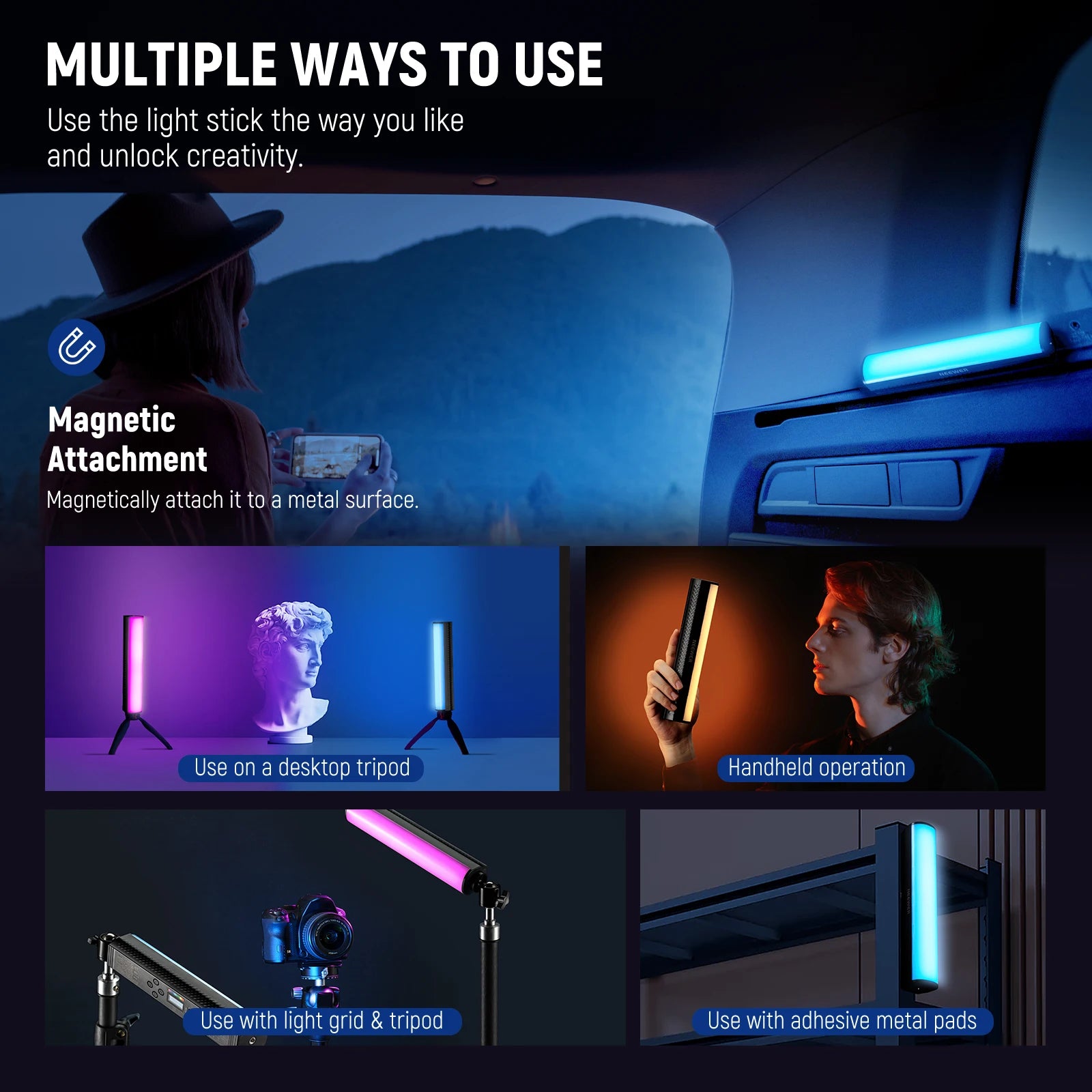 Portable LED light stick shown with magnetic, tripod, and handheld mounts for photography and creative lighting.