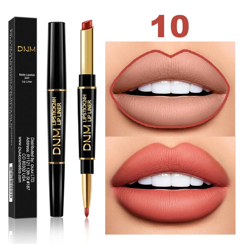 DNM 2-in-1 matte lipstick and lip liner pencil in shade 10, featuring a waterproof, long-lasting nude-toned finish.