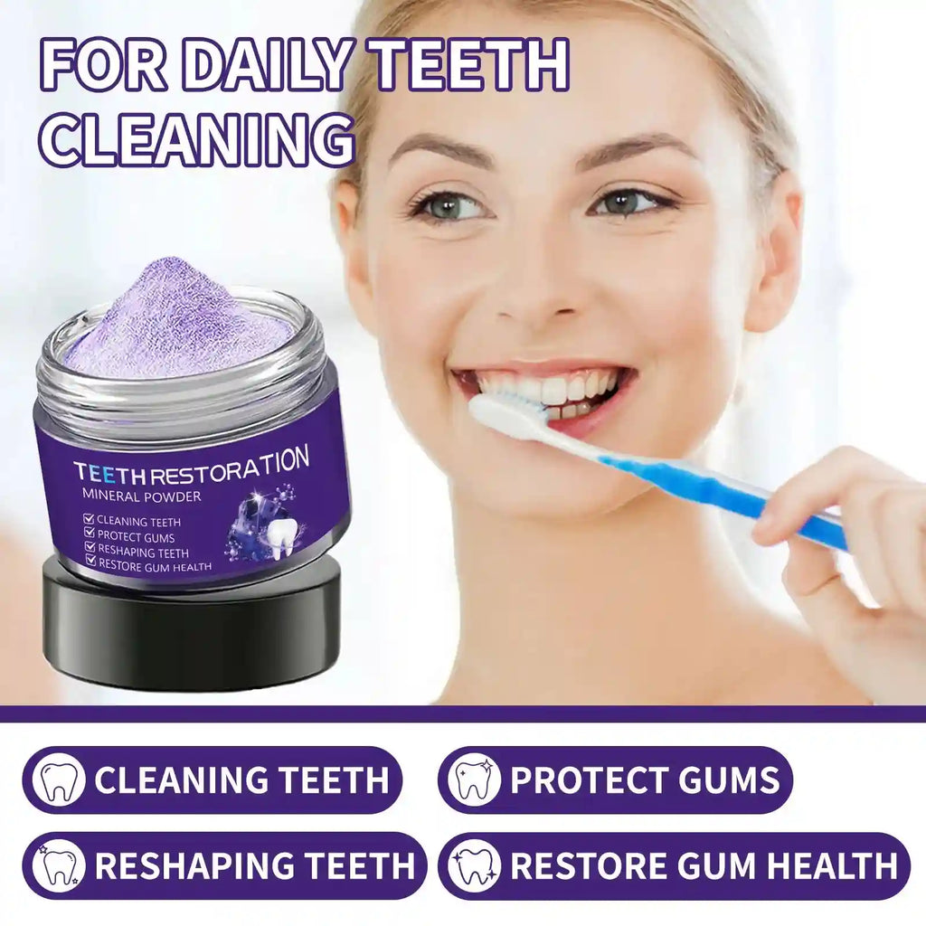 Tidesmit purple mineral tooth powder for enamel-safe teeth whitening, tartar removal, and gum care.