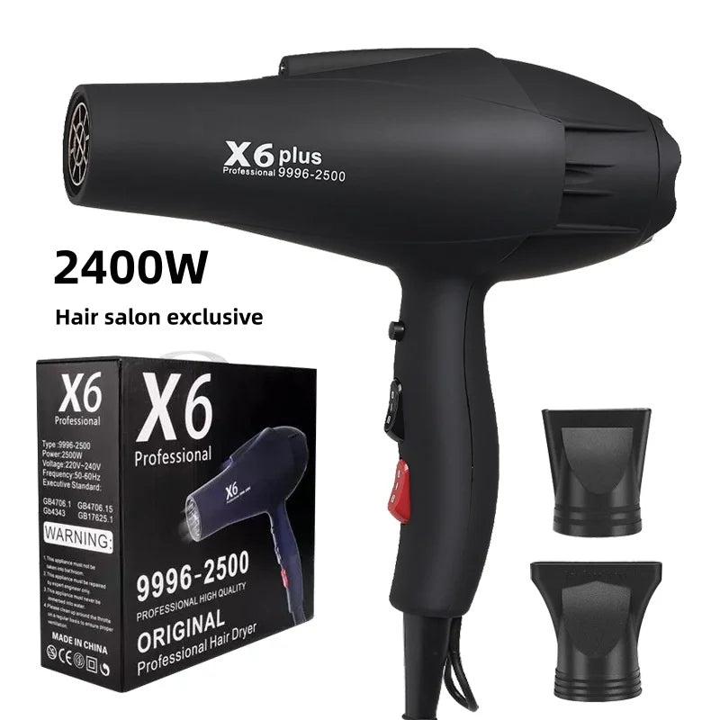 Matte black X6 professional 2400W hair dryer with two concentrator nozzle attachments and retail product box.
