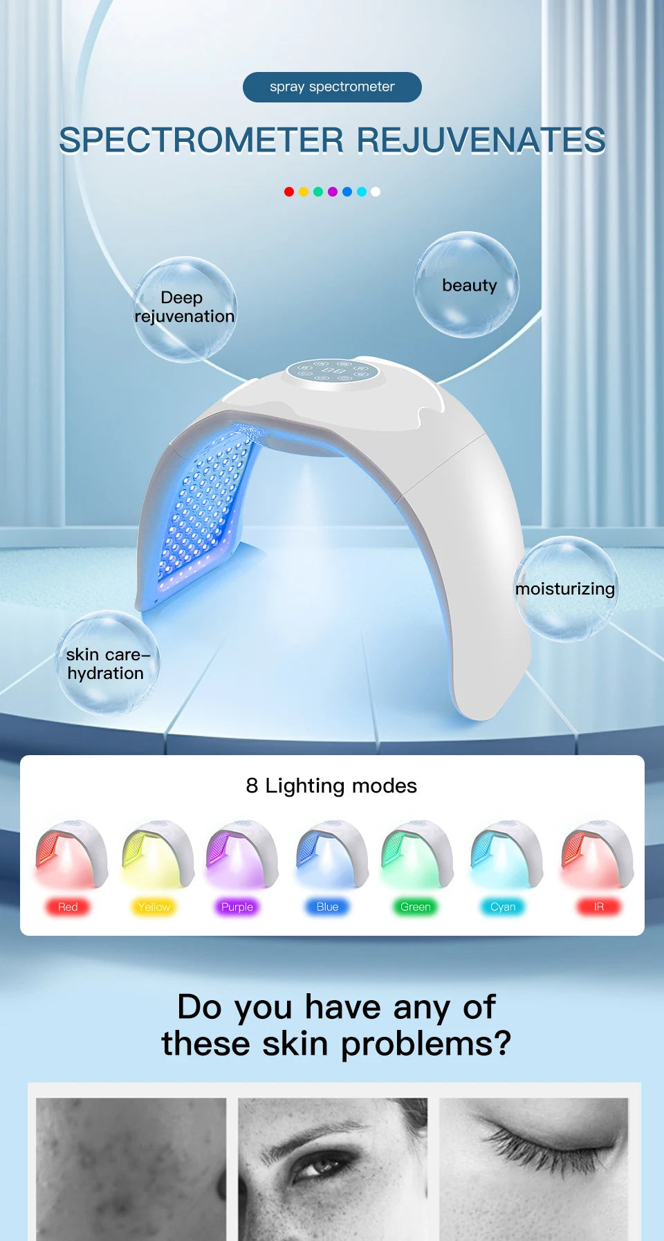8-color LED light therapy face mask machine for home skin rejuvenation, hydration, and salon-quality beauty treatment.