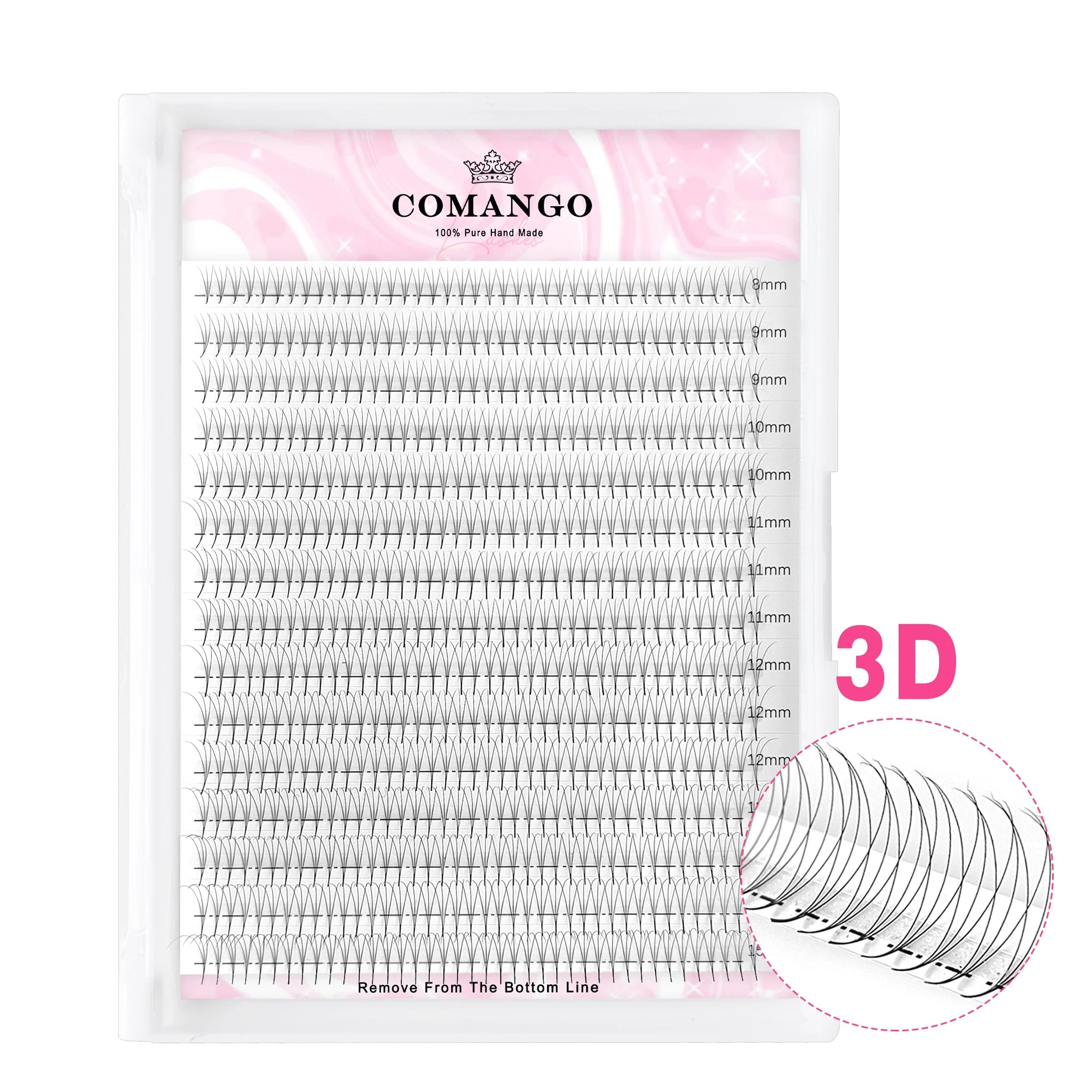 Tray of black 3D individual eyelash extension clusters in mixed lengths from 8mm to 15mm for professional application.