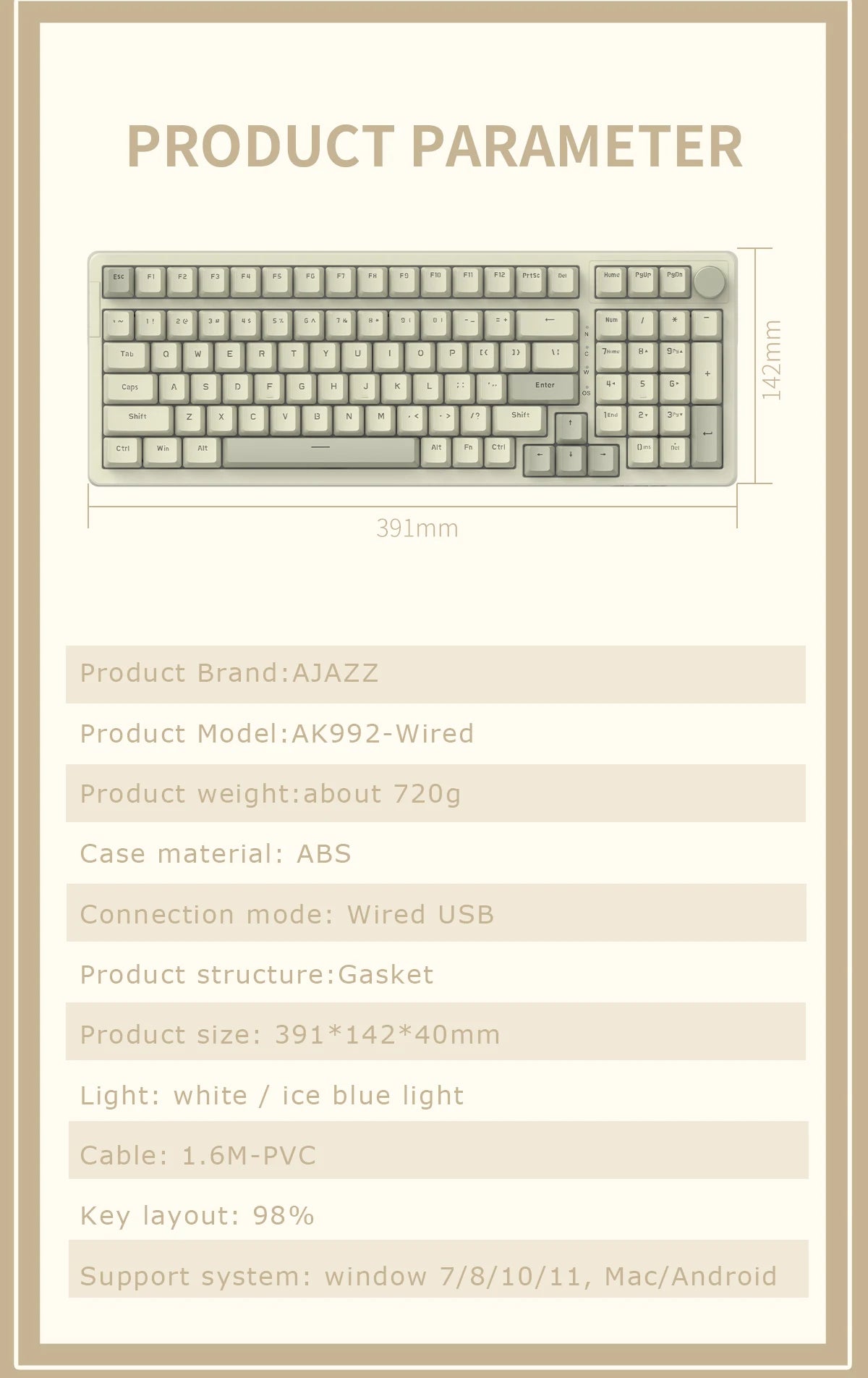AK992 Retro Wired Mechanical Keyboard 100% 98-Key Full Layout Hot-Swap USB Gaming Keyboard Multimedia Key Knob, Blue Backlight