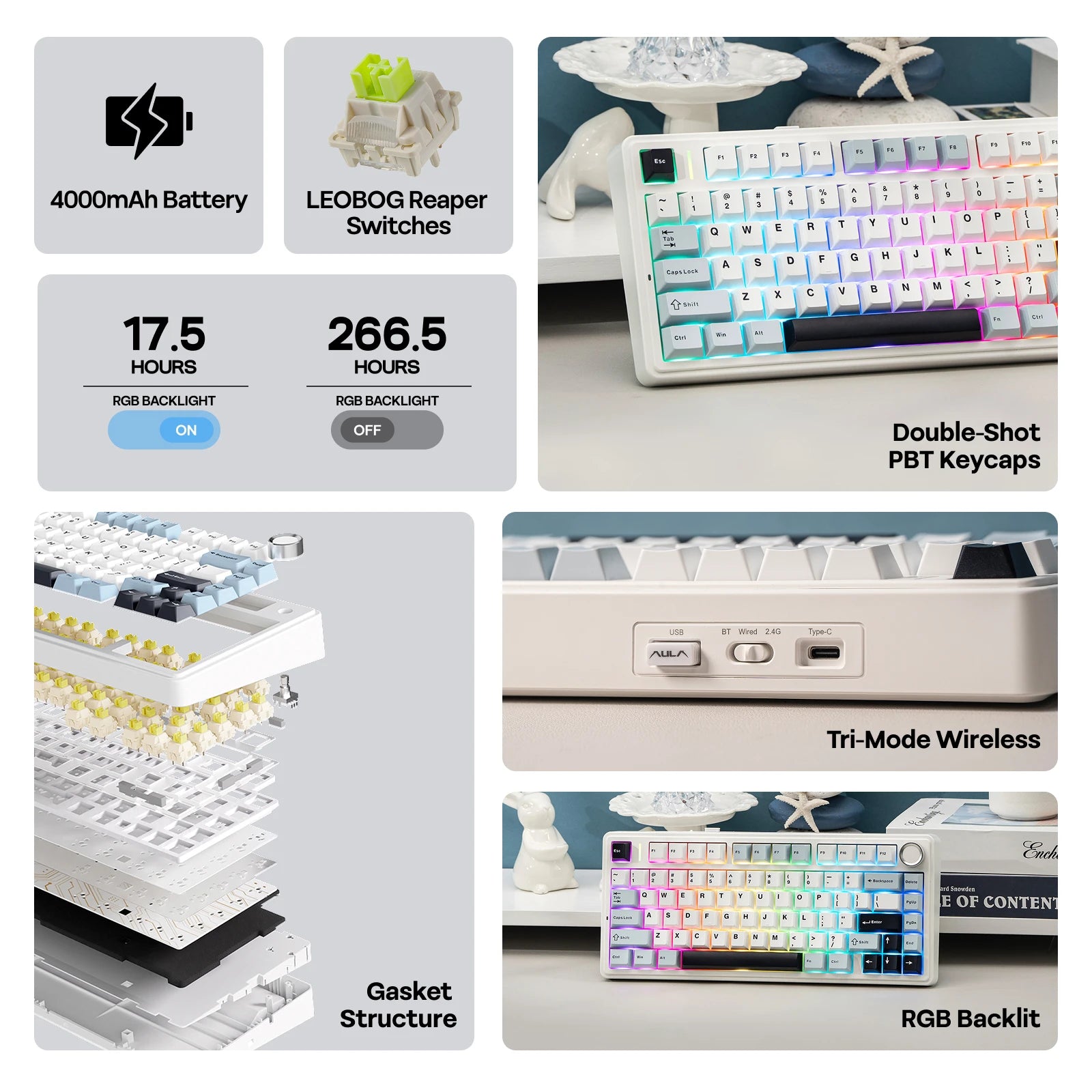 EPOMAKER x AULA F75 75% ANSI Hot-Swap Gasket Bluetooth 5.0/2.4G Wireless/Wired Mechanical Keyboard PBT Keycaps for Mac/Win
