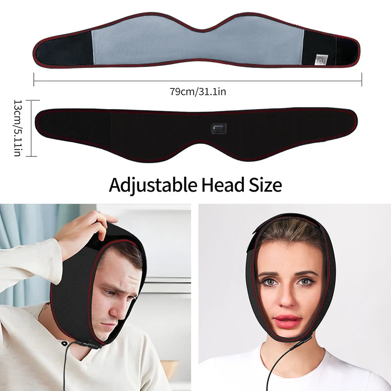 Black and grey adjustable jaw heating pad with red stitched edges, shown being worn around the chin and head.