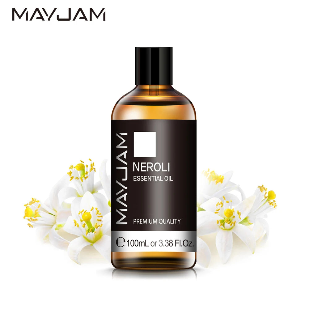 100ml neroli essential oil bottle with black cap and amber label for diffusers.