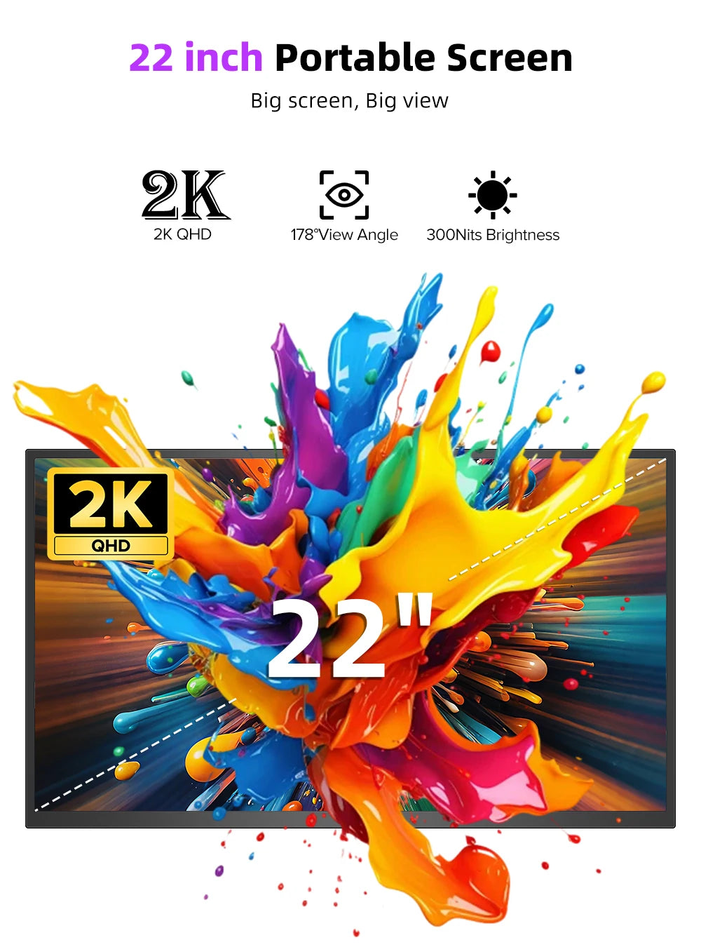 UPERFECT 22" 2K Touchscreen Portable Gaming Monitor 2560*1440 QHD Built-in Stand & VESA HDMI Type C External Display for Mini PC