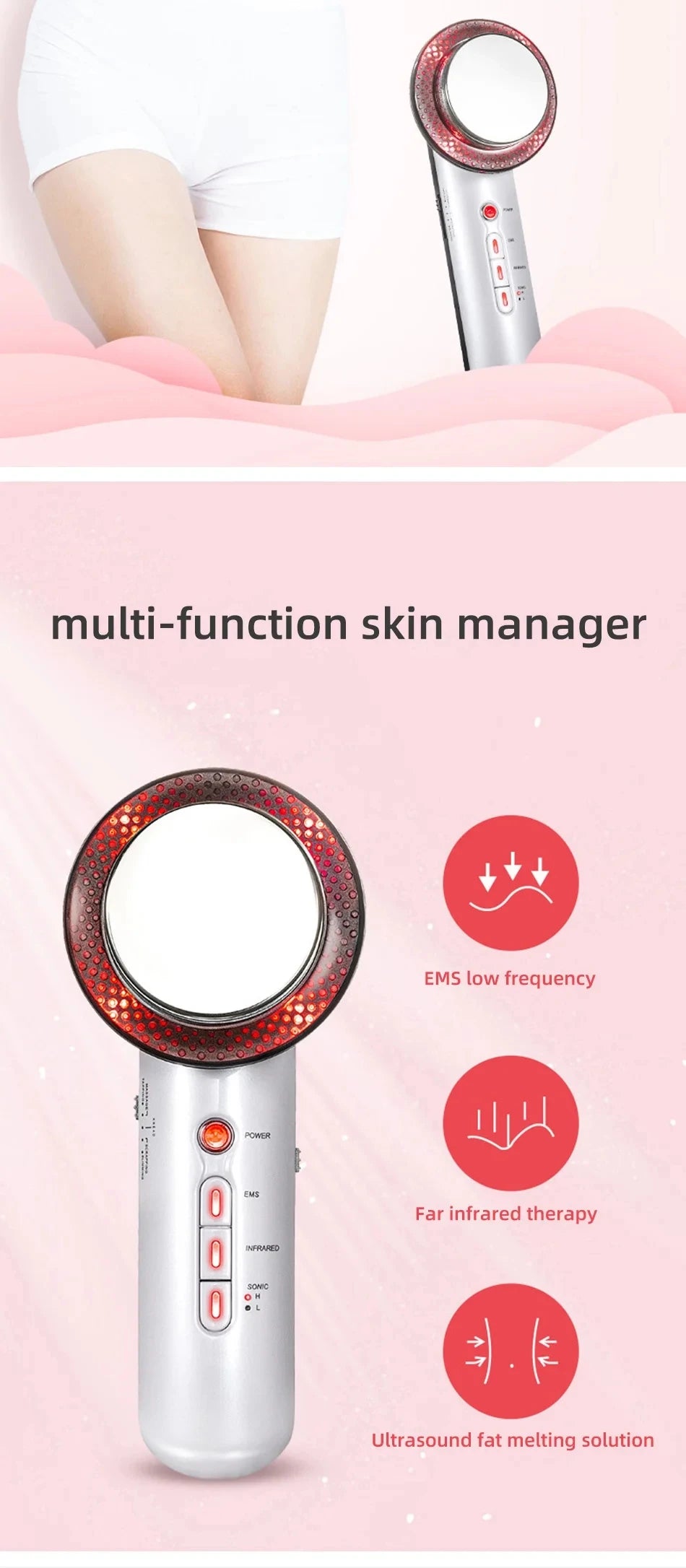Silver handheld ultrasonic massager with a circular head, control buttons, and red light therapy features.