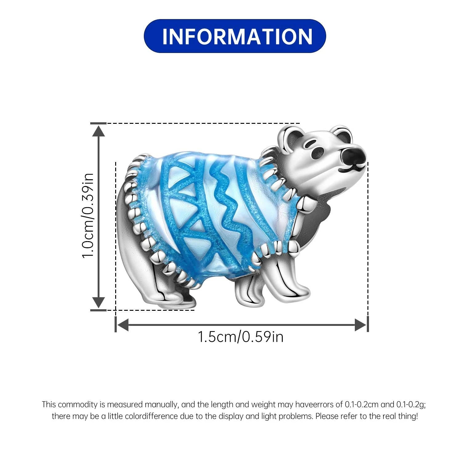 Sterling silver bear charm bead with blue sweater for DIY bracelets, 1.5cm trendy animal jewelry gift for pet lovers.