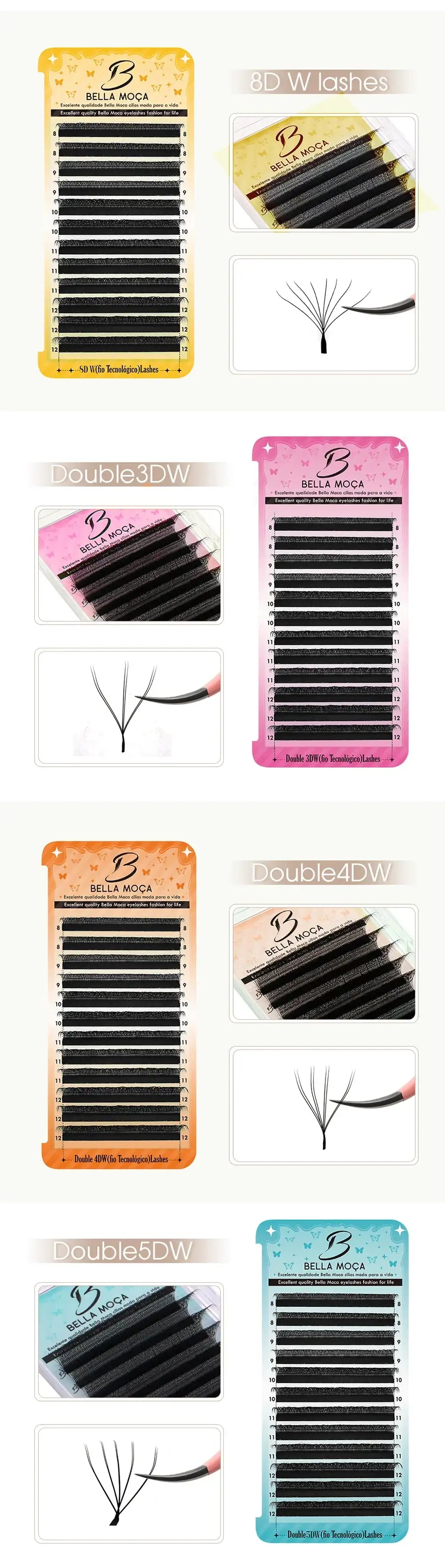 A display of various soft silk volume lash trays, including 3D, 4D, 5D, and 8D styles in black on colorful backings.