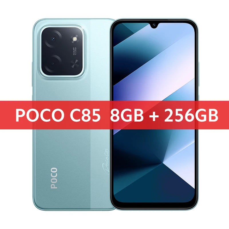 Light blue POCO C85 smartphone, 8GB/256GB, front and back view, 50MP camera, large display, 6000mAh battery.