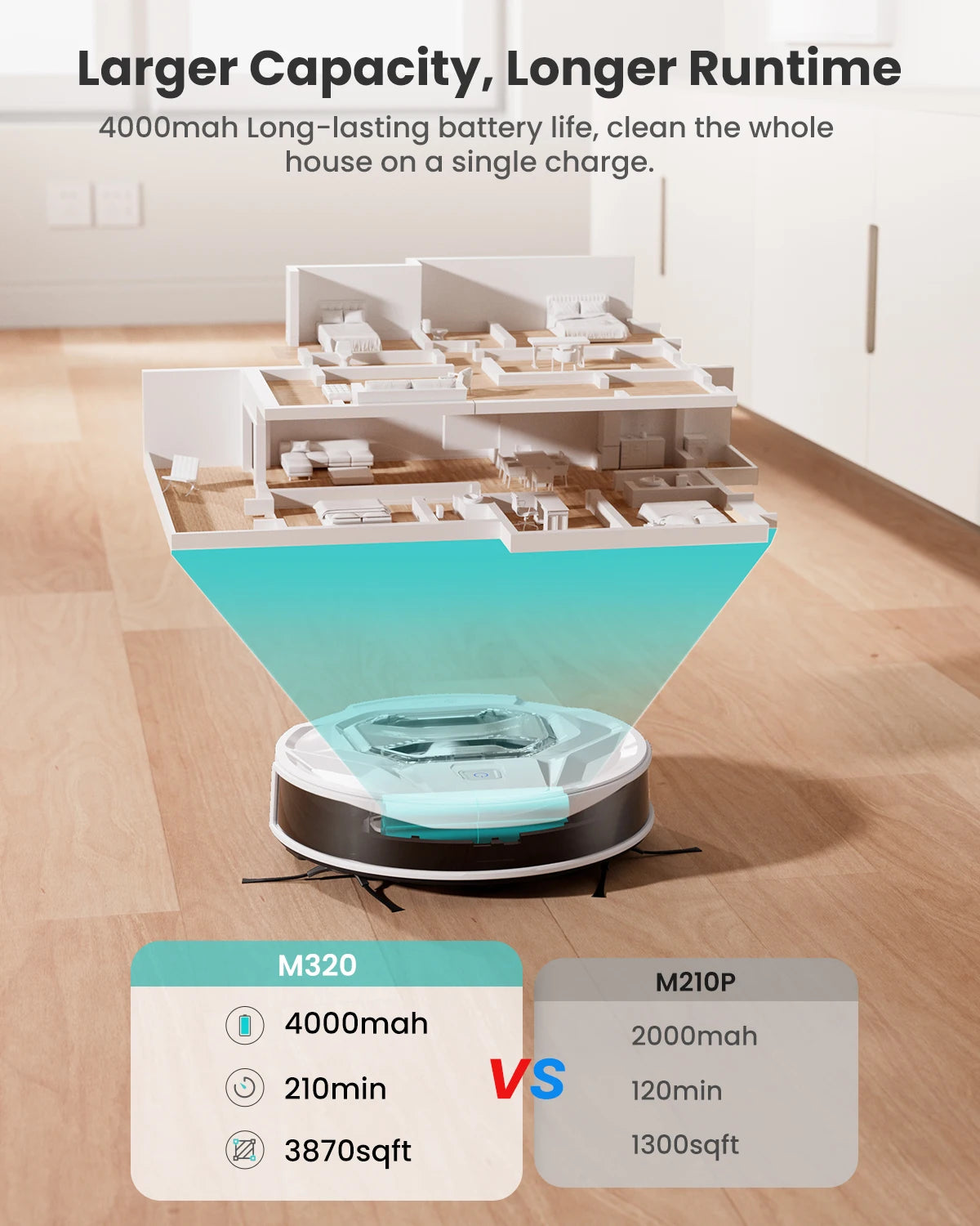 Tidesmit Lefant M320 robot vacuum cleaner showing carpet detection and advanced mapping sensors