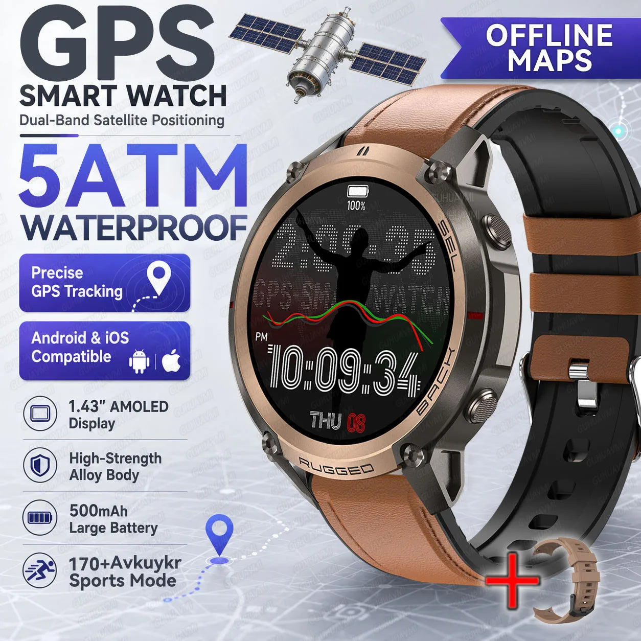 2026 Outdoor Tactical GPS 1.43"AMOLED Smart Watch Offine Map Compass Heart Rate Fitness Tracker 5ATM Waterproof Sports Watches