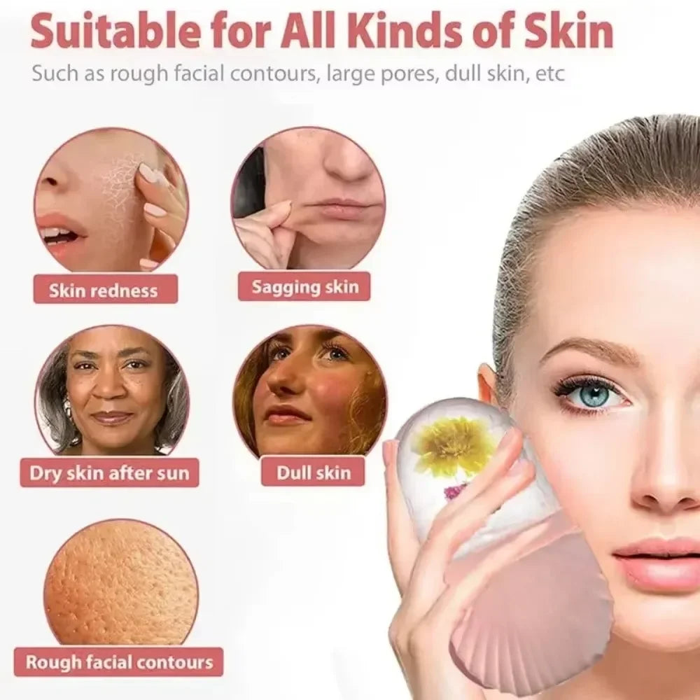 A person holds a pink shell-shaped silicone ice facial roller containing a flower against their cheek.