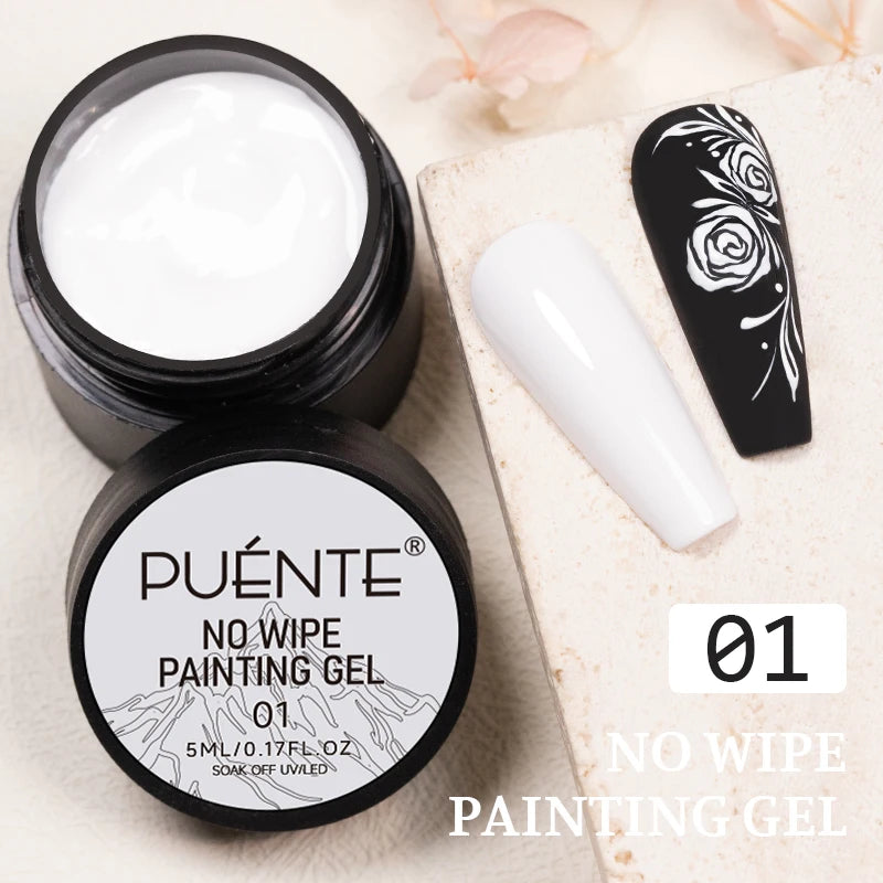 White no-wipe nail painting gel in a 5ml black jar, shown with painted white rose nail art designs.
