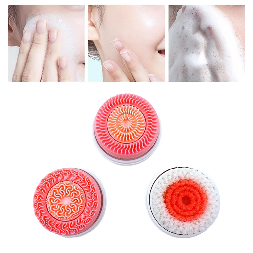 Three round facial cleansing brush heads with pink silicone bristles and one with white nylon bristles for face washing.