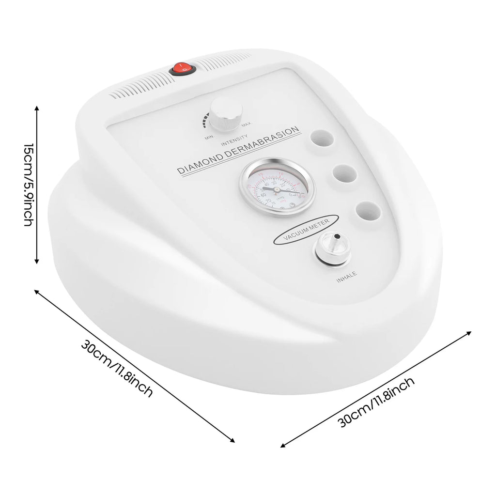 White diamond microdermabrasion machine for home or salon use with vacuum gauge, intensity dial, and dimensions shown.