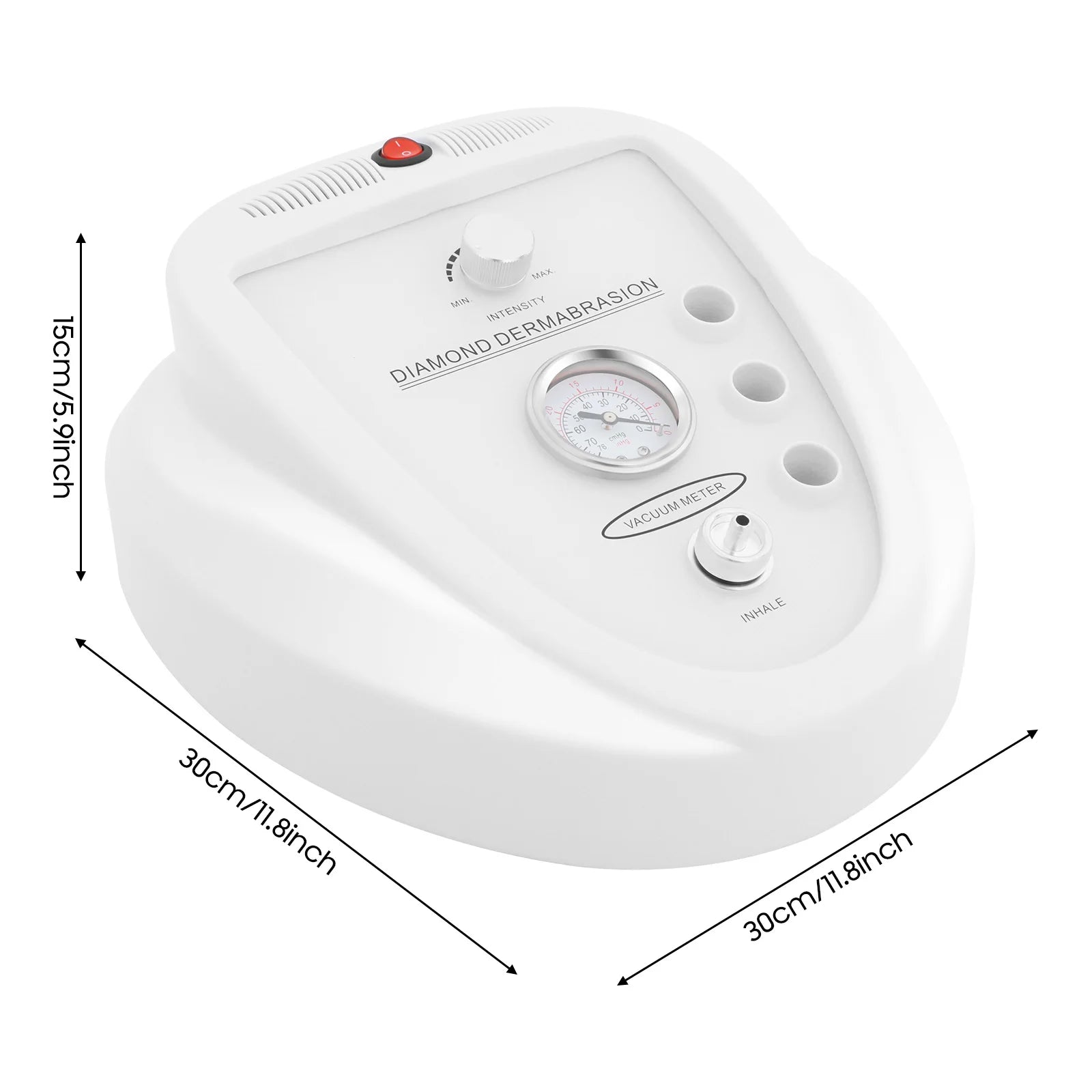 White diamond microdermabrasion machine for home or salon use with vacuum gauge, intensity dial, and dimensions shown.