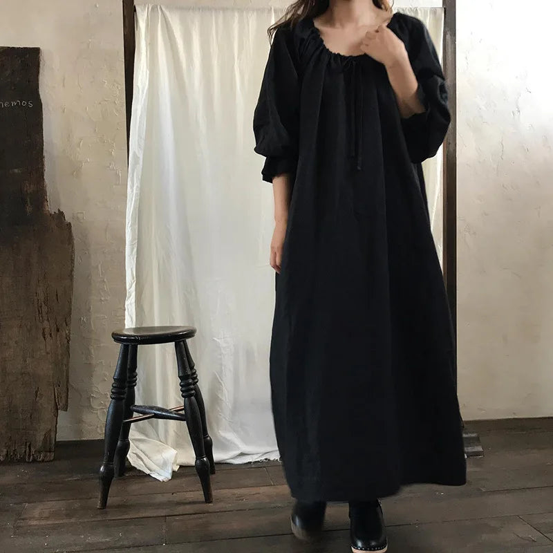 Original New Spring Vintage Cotton Linen Dress for Women Solid Long Sleeve Drawstring Linen One-Piece Dress Maxi Dress