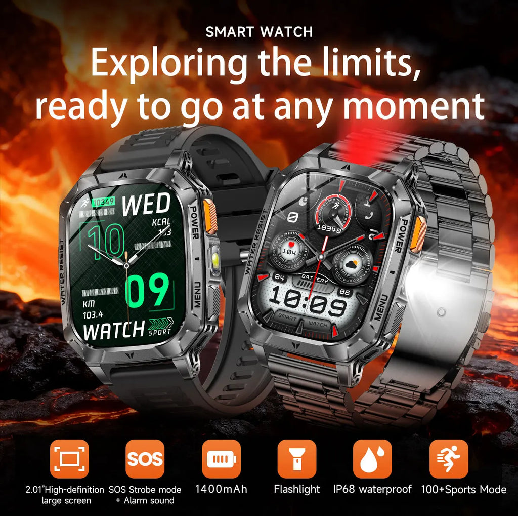 2026 New 1400mAh Big Battery Smart Watch Men Outdoor GPS Flashlight 10ATM Waterproof Bluetooth Call AMOLED HD Sports Smartwatch