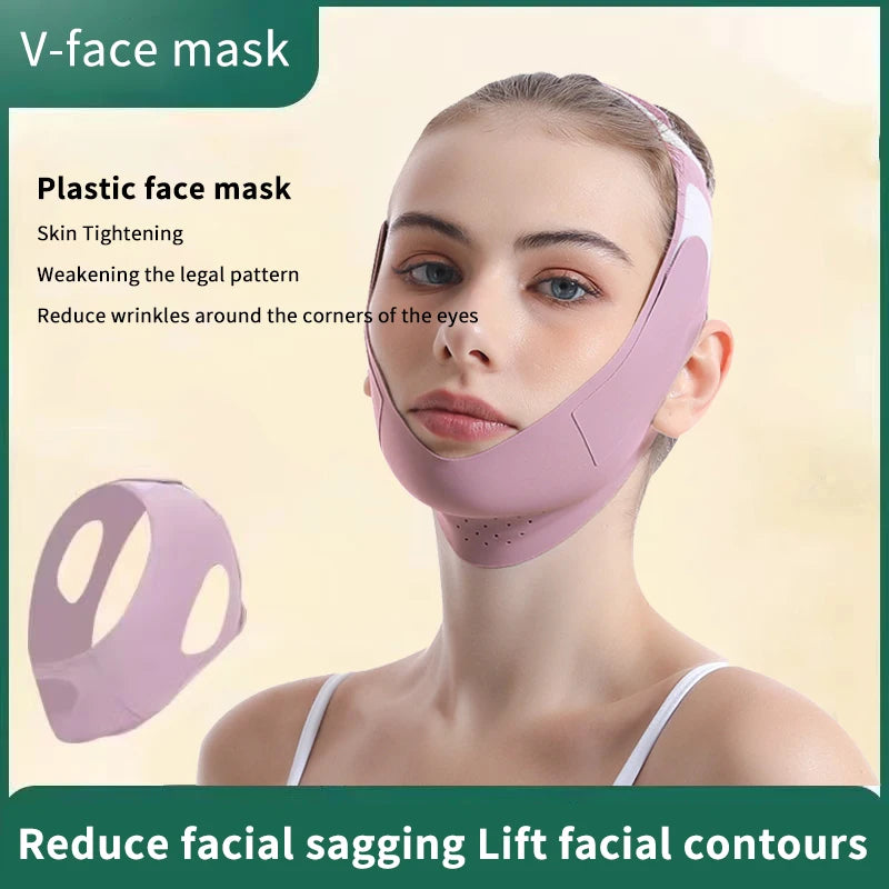A woman wearing a smooth, pink V-line face slimming bandage strap that supports the chin and cheeks.