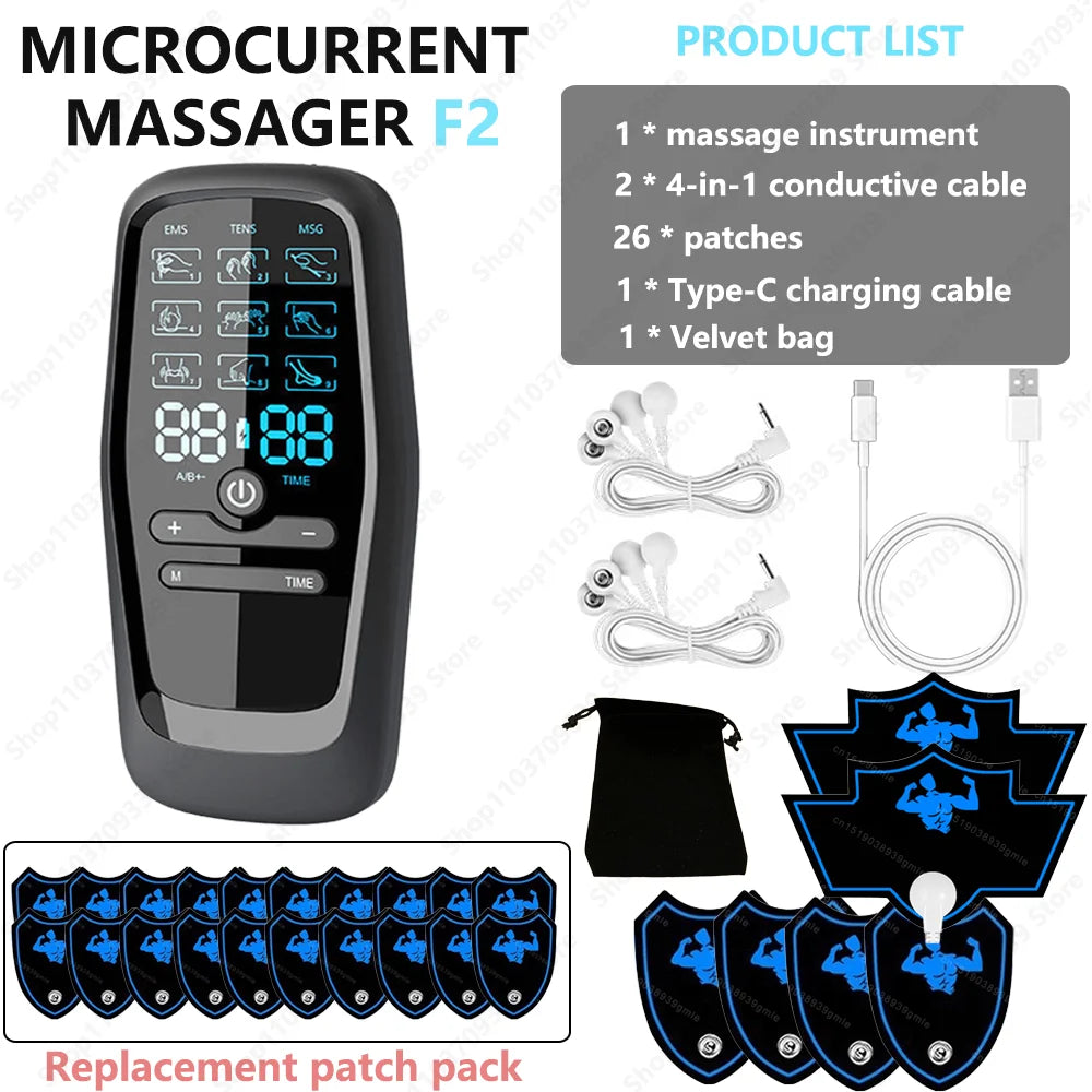 F2 microcurrent massager device with digital display, conductive cables, charging cord, carrying bag, and 26 pads.