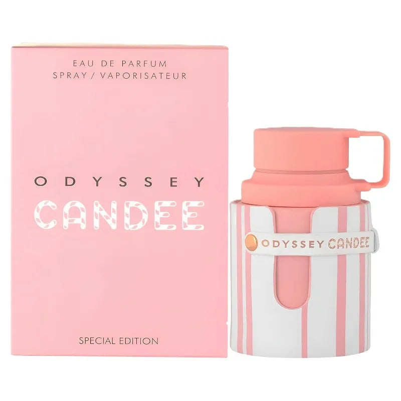 Armaf Odyssey Candee EDP: Unisex fragrance in a pink striped, bottle-shaped bottle with a protective silicone sleeve.