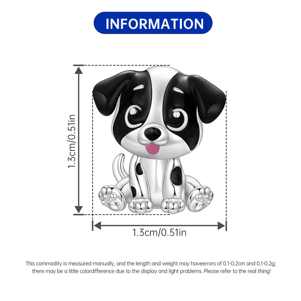 Cute sterling silver dog charm for charm bracelets, 1.3cm black and white puppy bead for DIY pet lover jewelry.