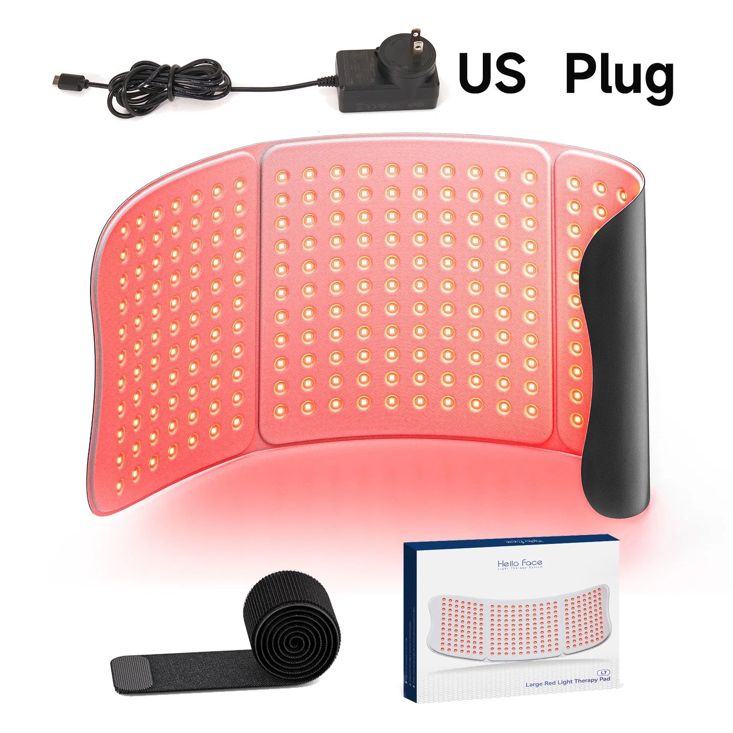 Hello Face L7 red light therapy pad with 792 LEDs, dual 660nm and 850nm wavelengths, US plug, and adjustable strap.