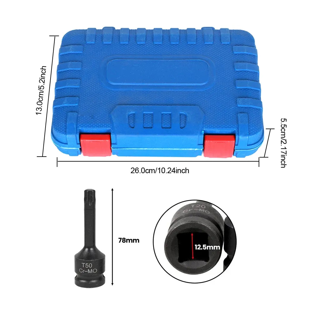 Blue carry case for 1/2-inch drive impact Torx bits with black sockets shown