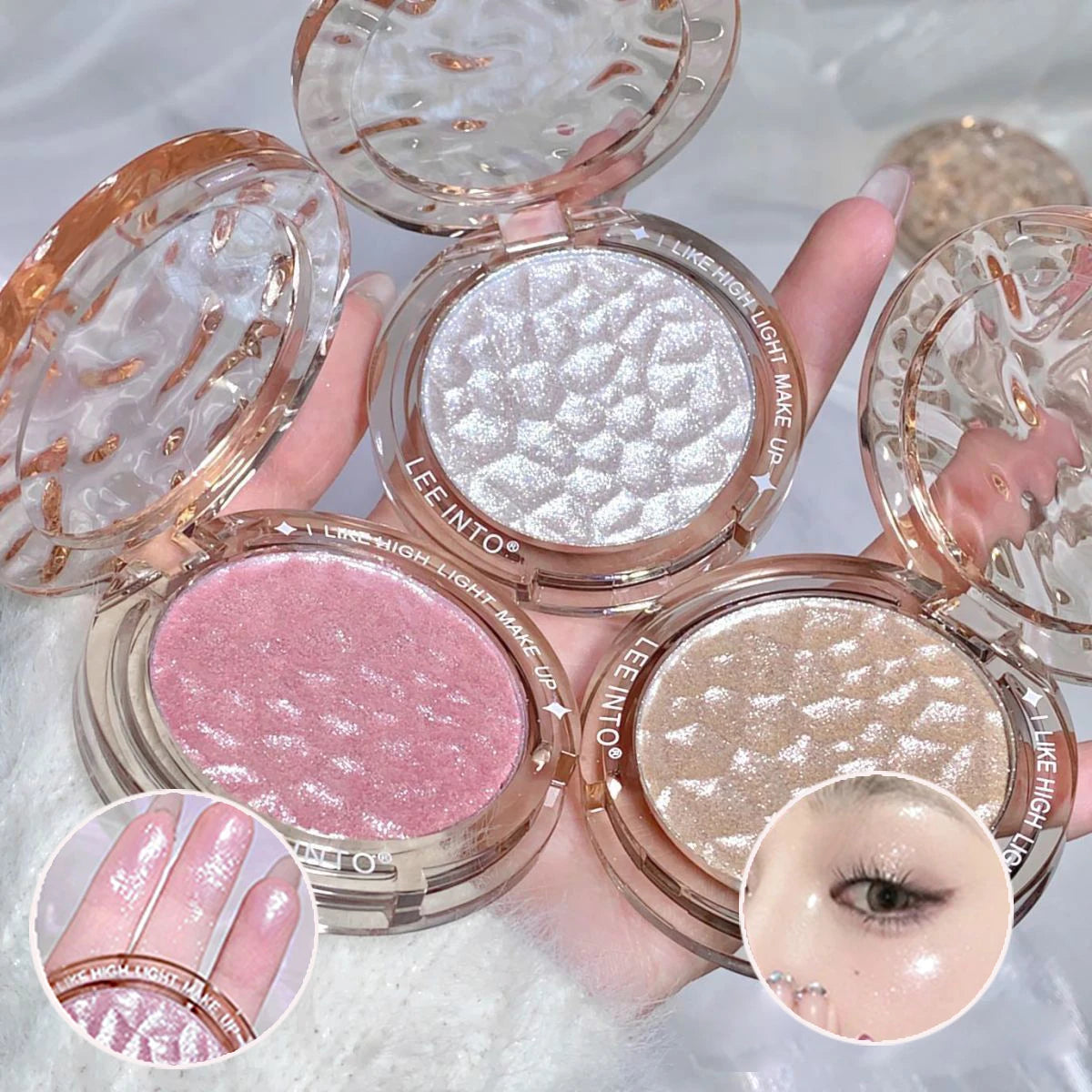 Tidesmit LEE INTO highlighter powder texture close-up featuring fine shimmer and silky pearlescent finish
