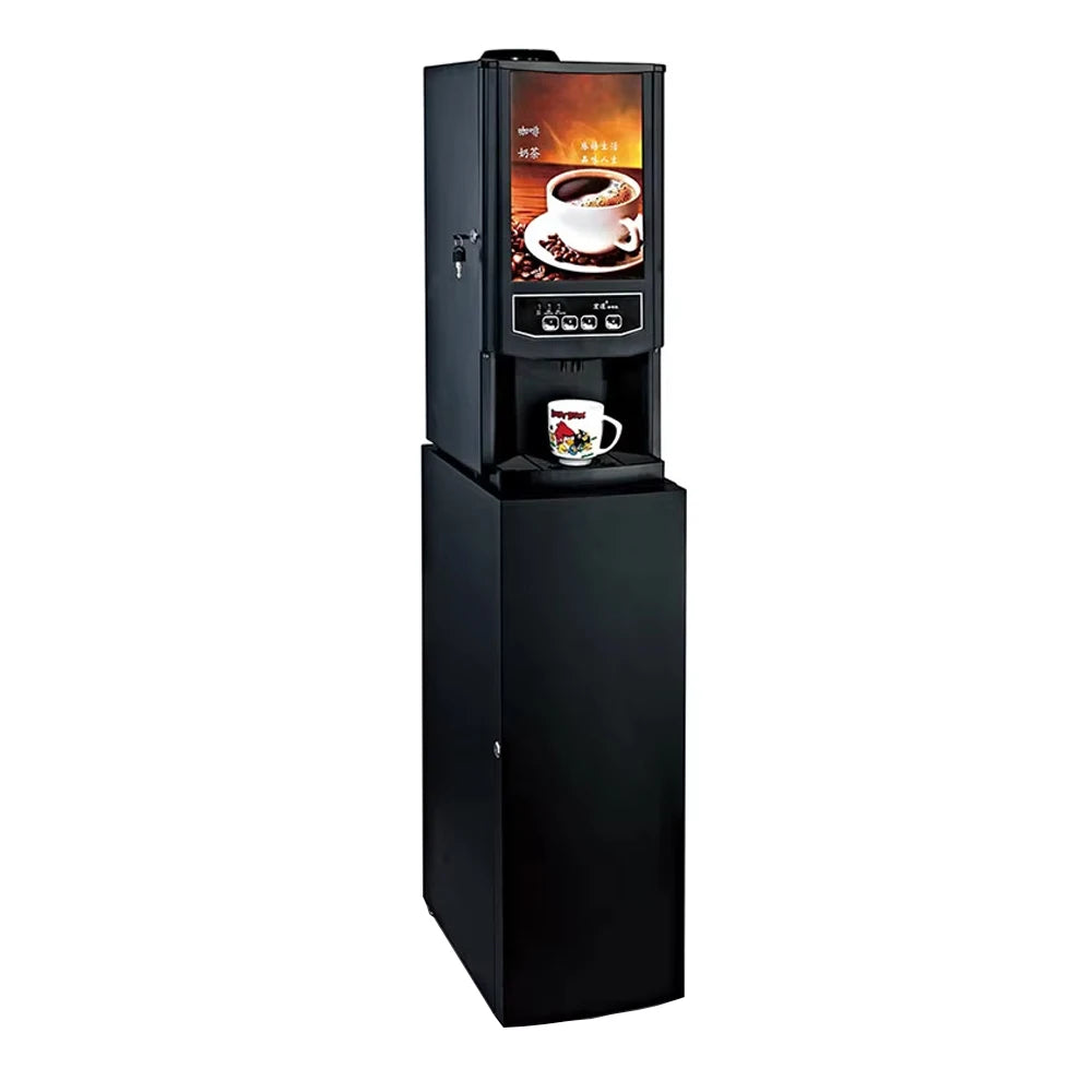 Black commercial floor-standing coffee and tea vending machine with digital display and cup dispenser.