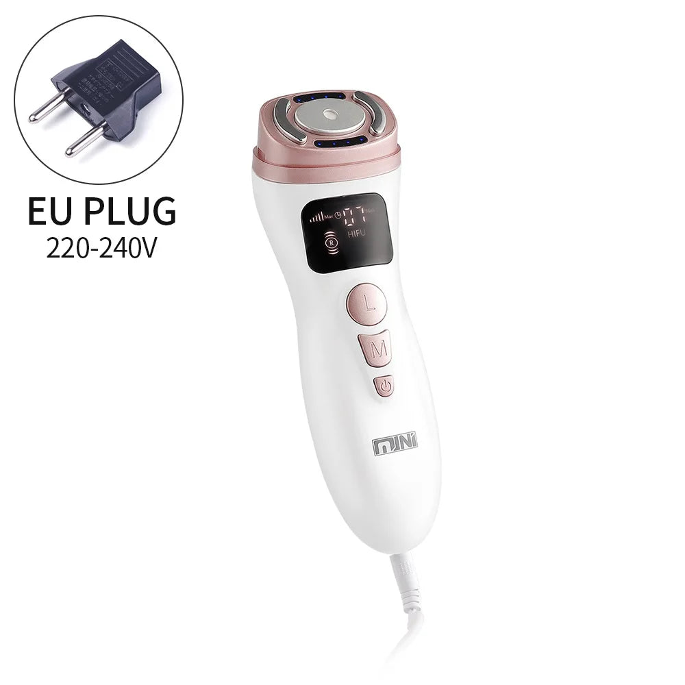 White and rose gold handheld HIFU facial device with digital display, buttons, and an included EU power plug.