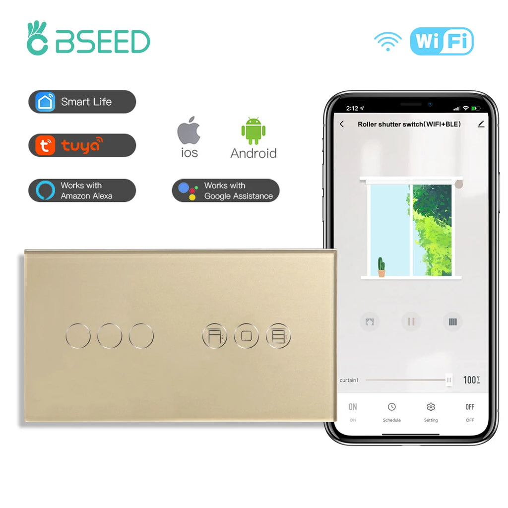 Tidesmit Smart WiFi Shutter Switch - App Controlled Roller Blind Timer Wifi 3Gang Gold Tidesmit