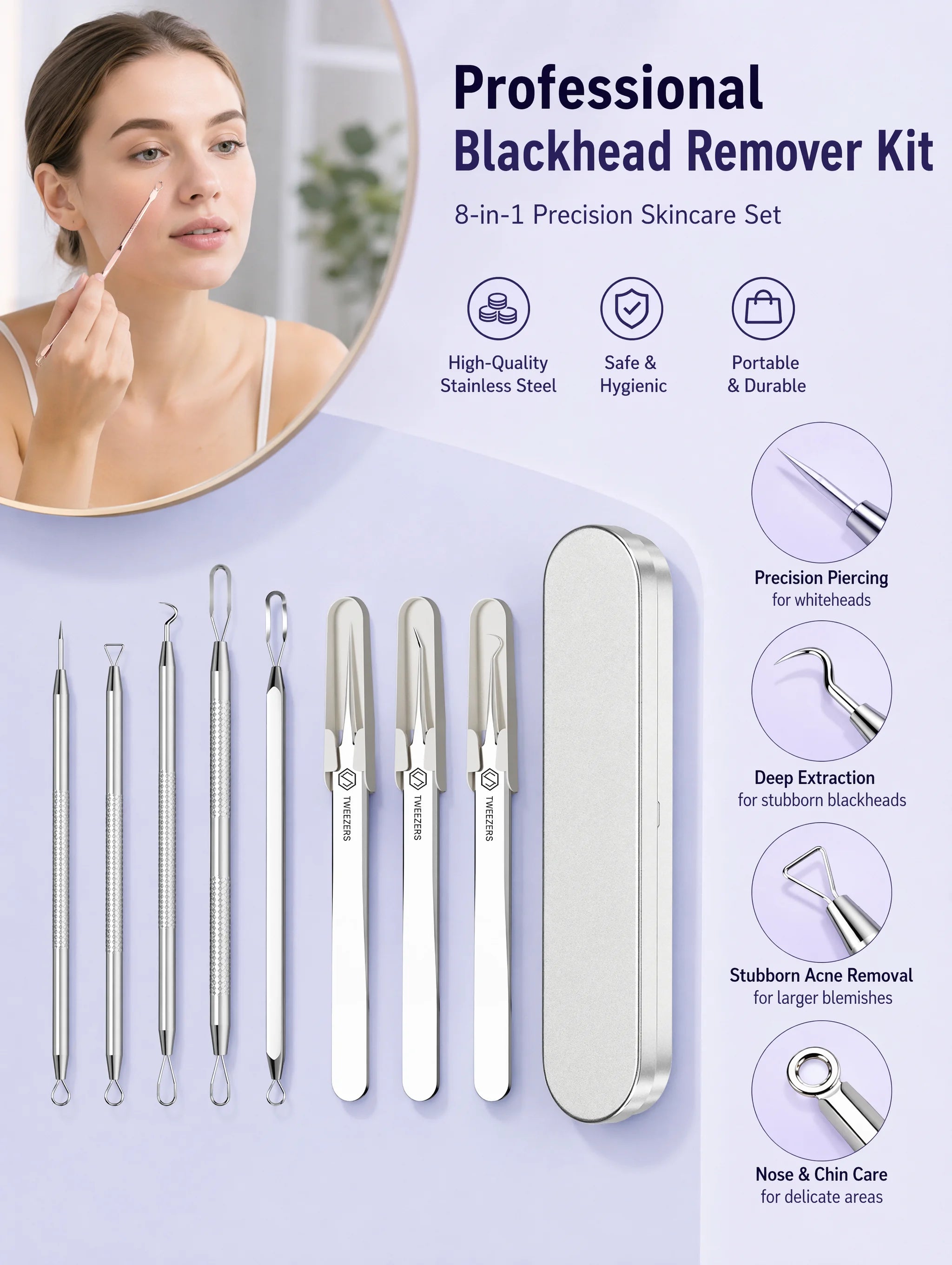 Stainless Steel Acne Needle Set of 8 Pieces, High-Density Blackhead Tweezers, Professional Acne Extraction Needles, Tool for Removing Closed Comedones, Portable Storage Set for Home and Beauty Salon Use