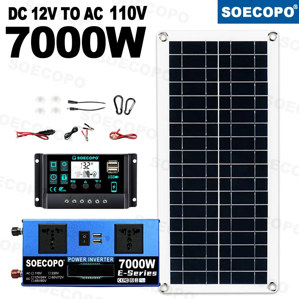 7000W Portable Solar Generator Kit 12V/24V To 110V 220V Inverter 100A Controller 200W Panel Power Mini Fridge Lights for Camping
