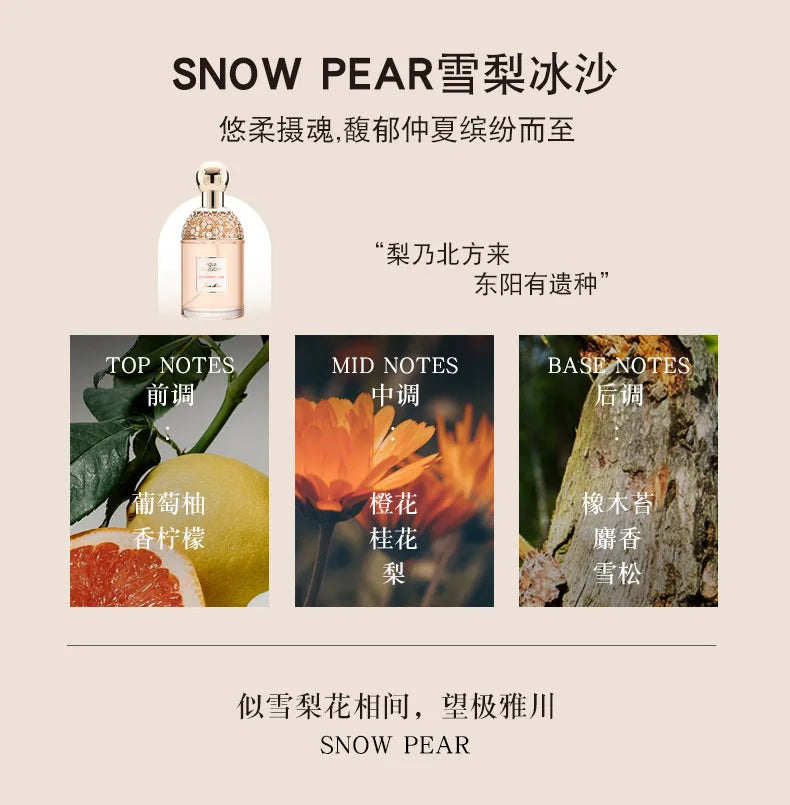 Snow Pear Eau de Toilette: Round floral bottle, notes of grapefruit, orange blossom, musk, and pine. Long-lasting scent.
