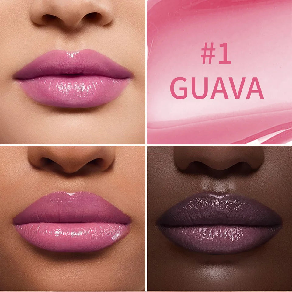 Kulfée Guava staining lip oil gloss in a glossy, non-stick, moisturizing formula on diverse skin tones.