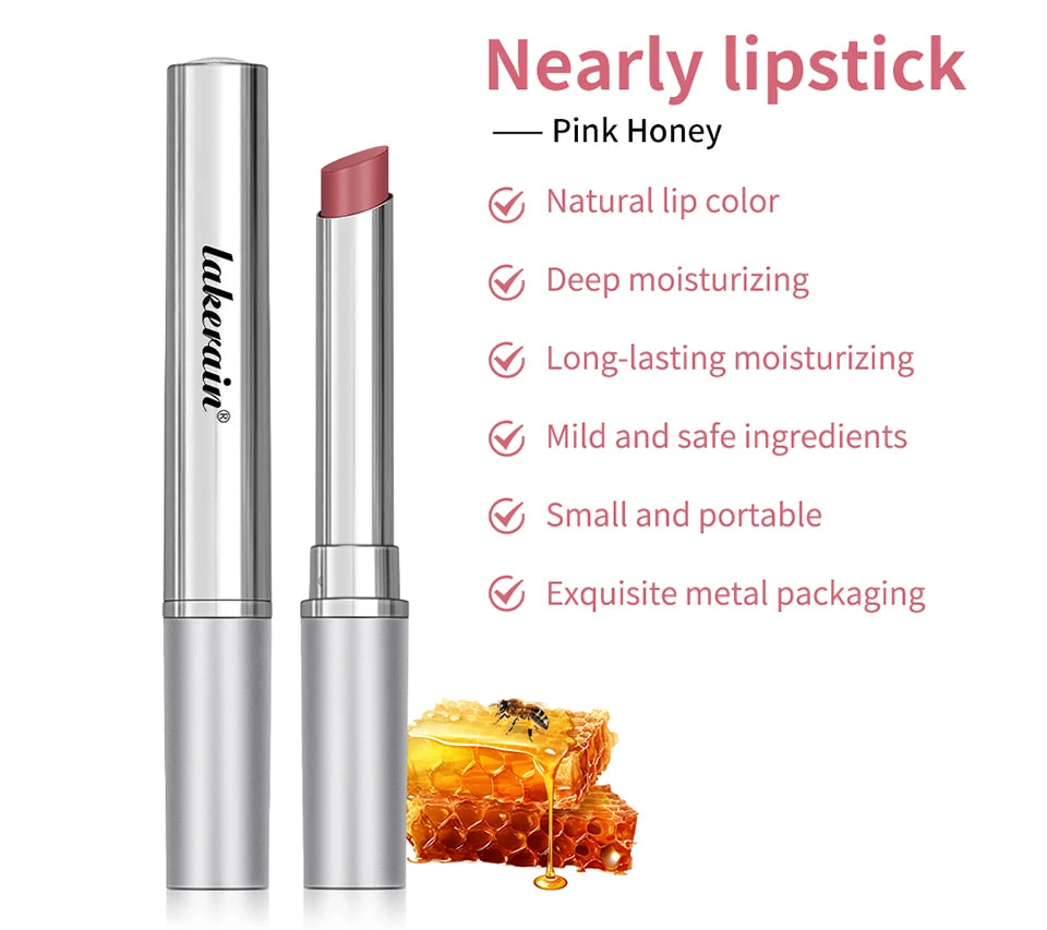 Pink Honey nourishing tinted lip balm in a sleek silver metal tube, long-lasting moisturizing lipstick with honey.