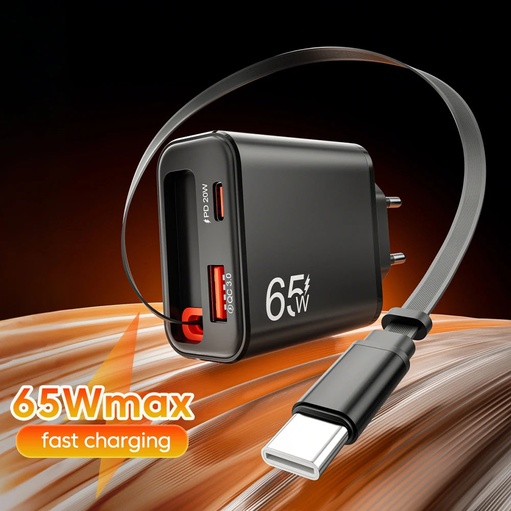 65W USB C Fast Charger with Retractable Cable - Tidesmit Tidesmit