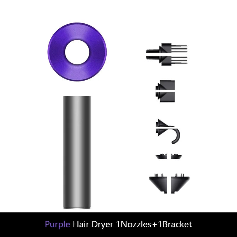 Purple ionic hair dryer with 5 styling attachments for professional blowouts and heat styling.