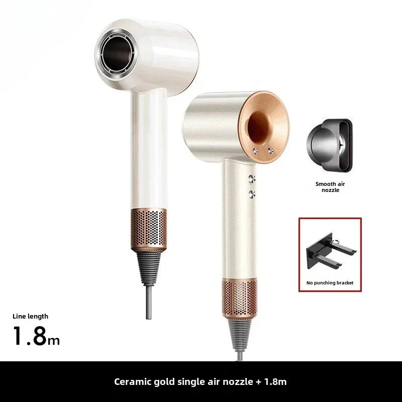 White and gold ionic hair dryer with styling nozzle and wall bracket, professional 1.8m cord for easy blowouts.