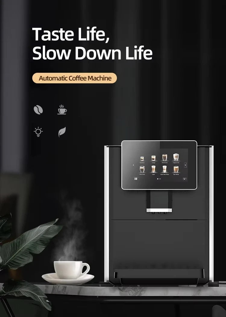 Black automatic coffee machine with a large touchscreen display, sleek modern design, and steaming coffee cup.