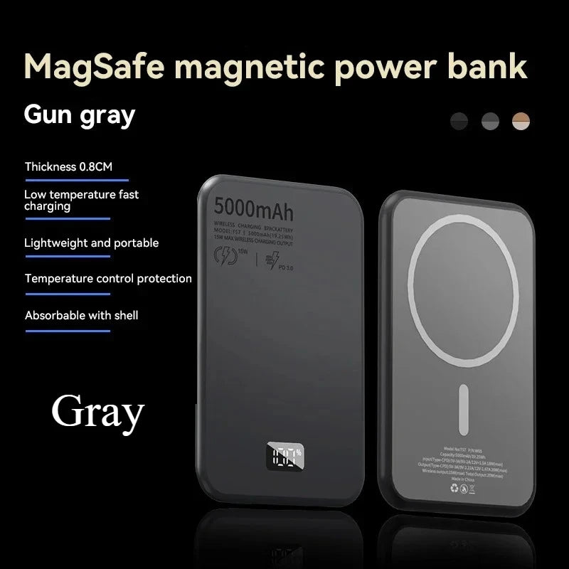 Magnetic Wireless Power Bank 5000mAh - 20W PD Fast Charging Portable Charger Grey 5000mAh Tidesmit