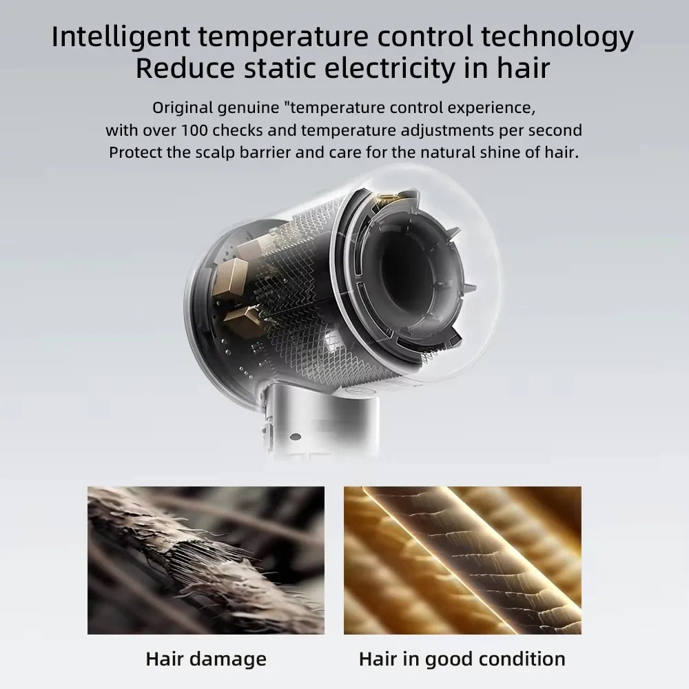 Silver leafless hair dryer with intelligent temperature control and negative ion tech for frizz-free, shiny styling.
