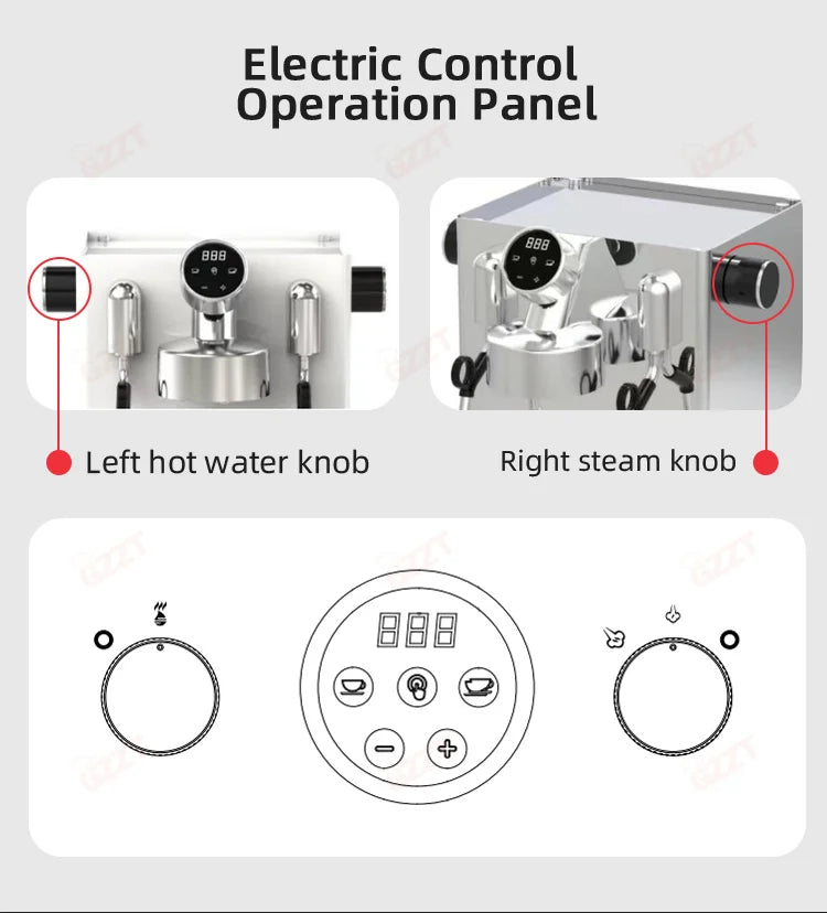 GZZT stainless steel espresso machine electric control panel with hot water and steam knobs and digital display.