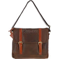 Brown genuine leather designer messenger bag with tan buckled straps, shoulder strap, and minimalist laptop design.