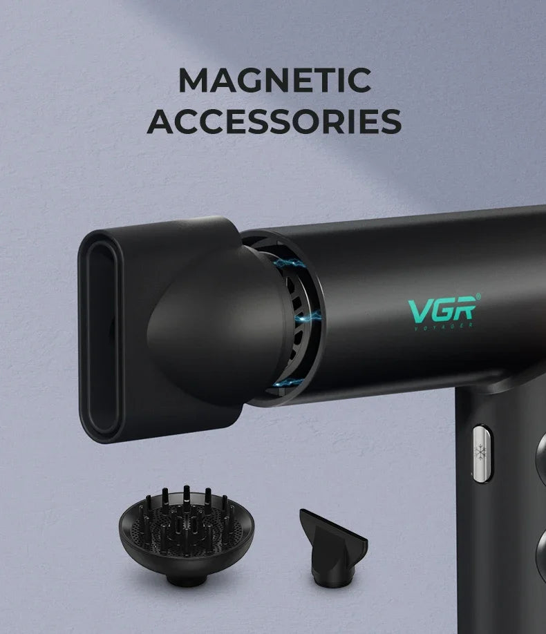 VGR black professional hair dryer with magnetic nozzle, diffuser, and high-speed BLDC motor for salon styling.