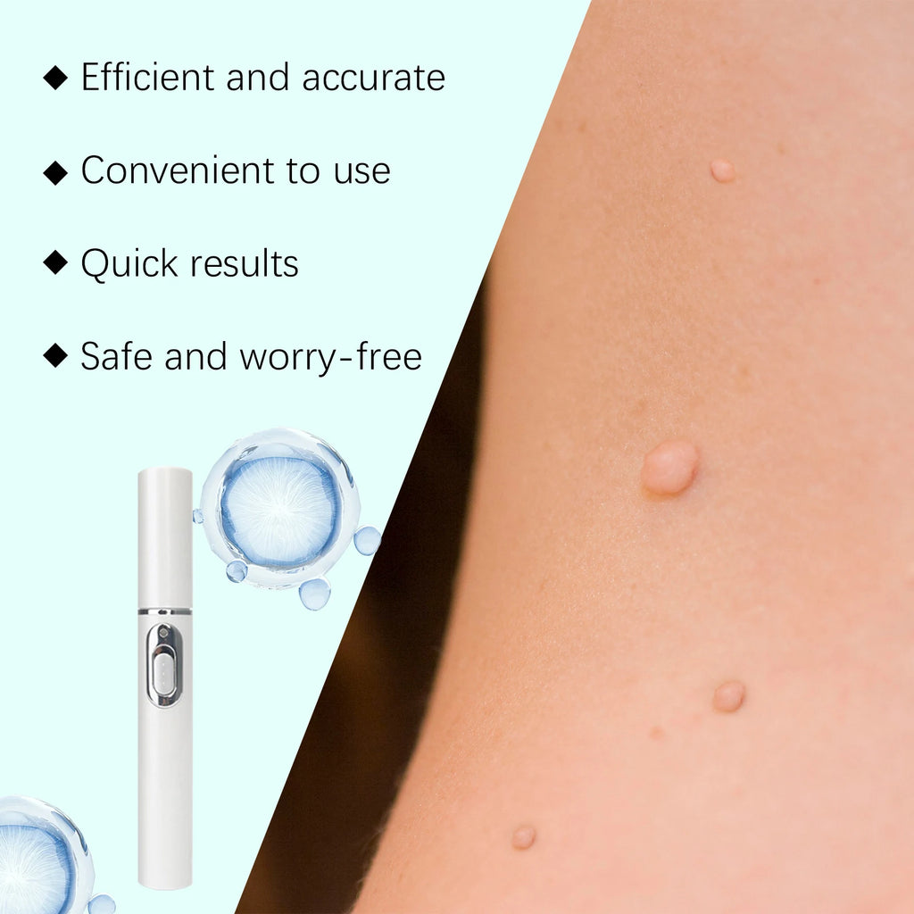 White pen-shaped skin tag removal device with a silver button, shown next to human skin with small skin growths.